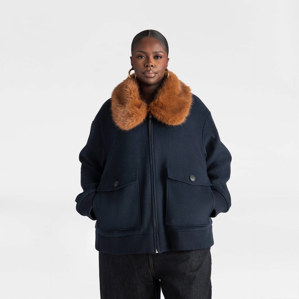 KBB by KAHLANA x Target XXL The Faux Fur Collar Bomber Coat Jacket Navy Blue - Picture 1 of 9